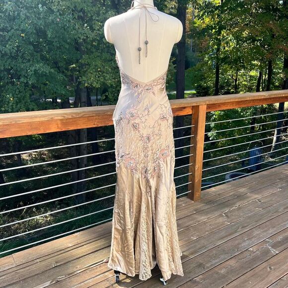 Vintage Cache Beaded Gold & Tan Lace Silk Formal Dress Gown - Picture 6 of 10